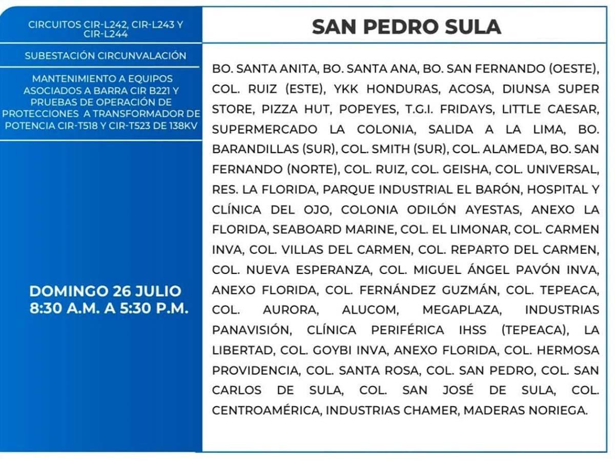 Cortes de energía en San Pedro Sula este fin de semana por mantenimiento