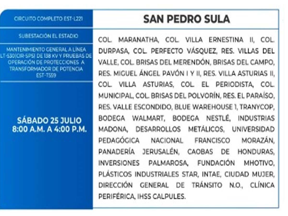 Cortes de energía en San Pedro Sula este fin de semana por mantenimiento