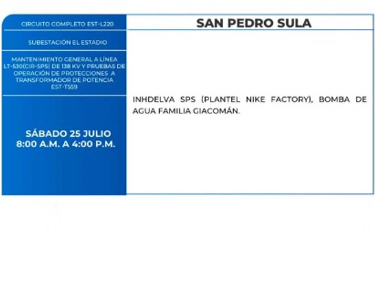 Cortes de energía en San Pedro Sula este fin de semana por mantenimiento