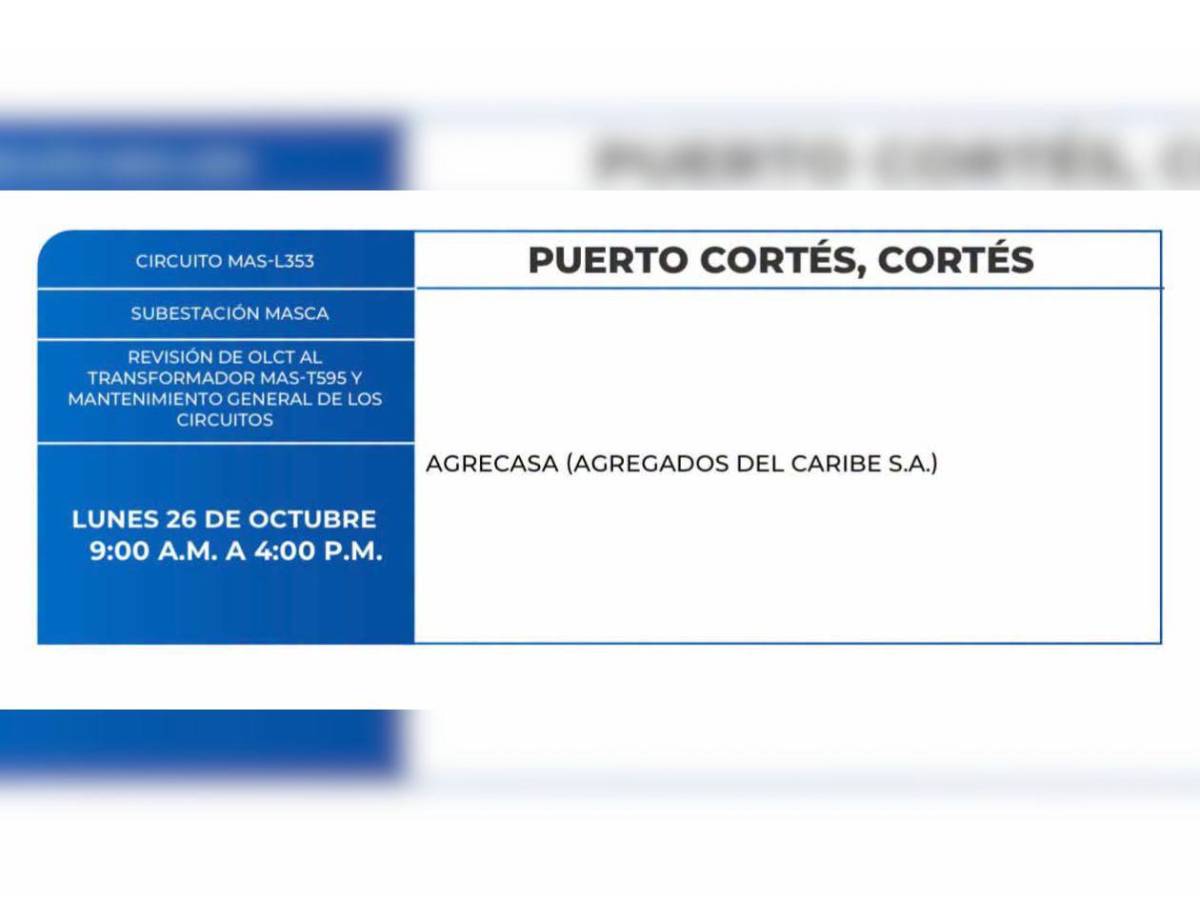 Varios sectores de Honduras estarán sin electricidad este lunes 26 de octubre