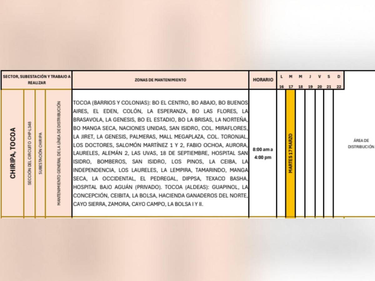 Más de 100 zonas de Honduras estarán sin luz por ocho horas este martes 17 de marzo