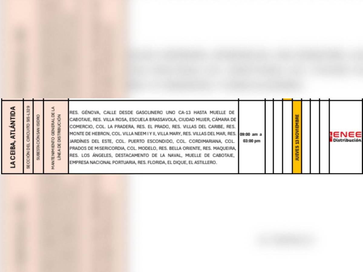 Enee anuncia cortes eléctricos en estas zonas de Honduras para este jueves 13 de noviembre