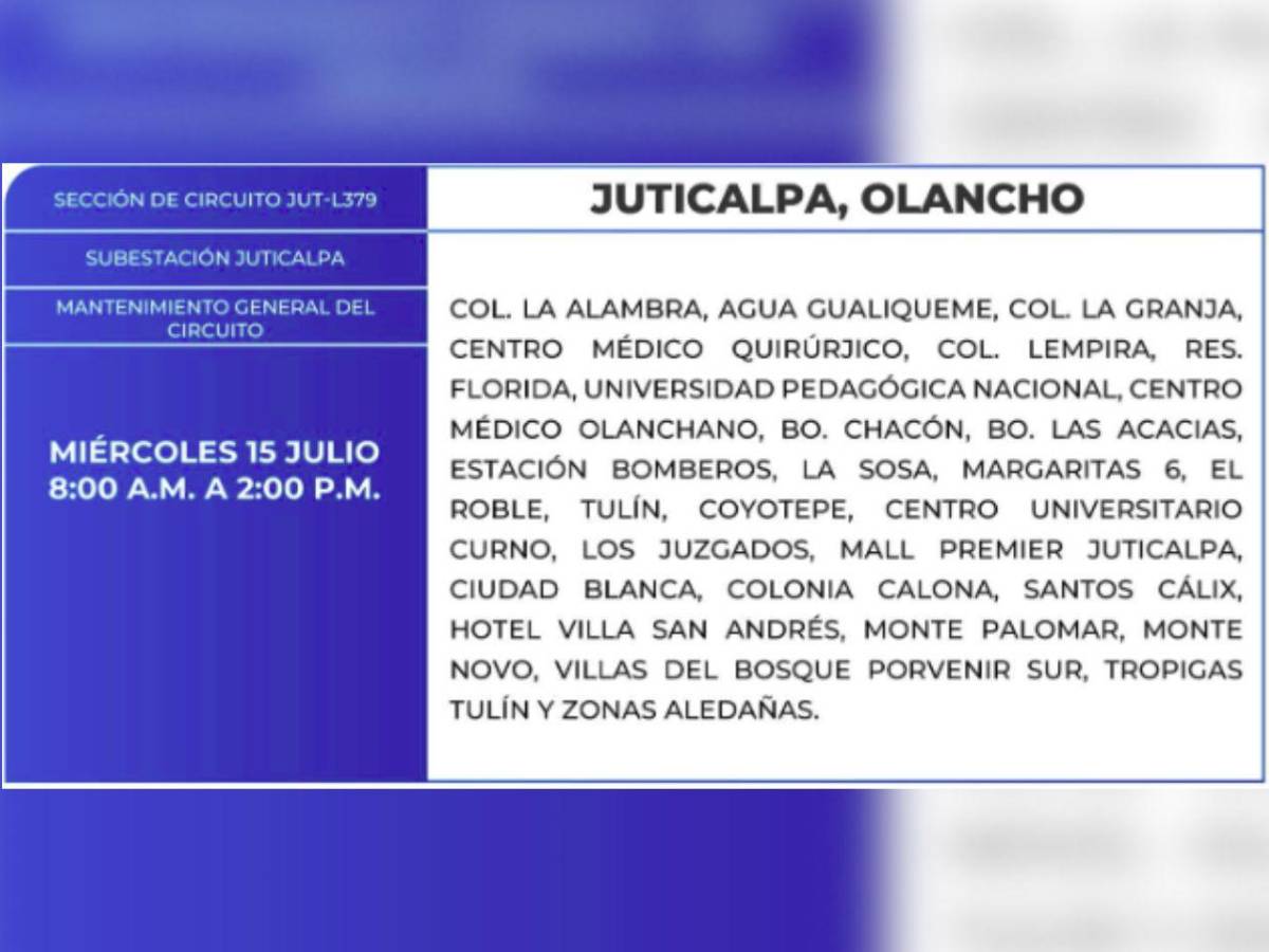 Más de 100 sectores de Honduras estarán sin energía  este miércoles 15 de julio