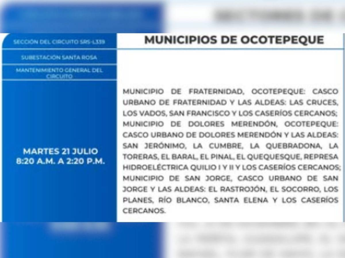 Dormirán sin luz en más de 50 zonas de Honduras este martes 21 de julio