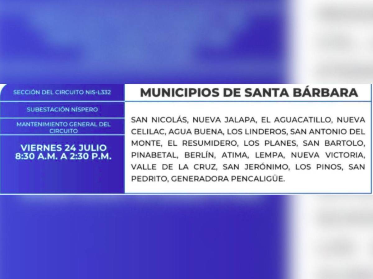 Ocho horas sin luz estarán estas zonas de Honduras este viernes 24 de julio