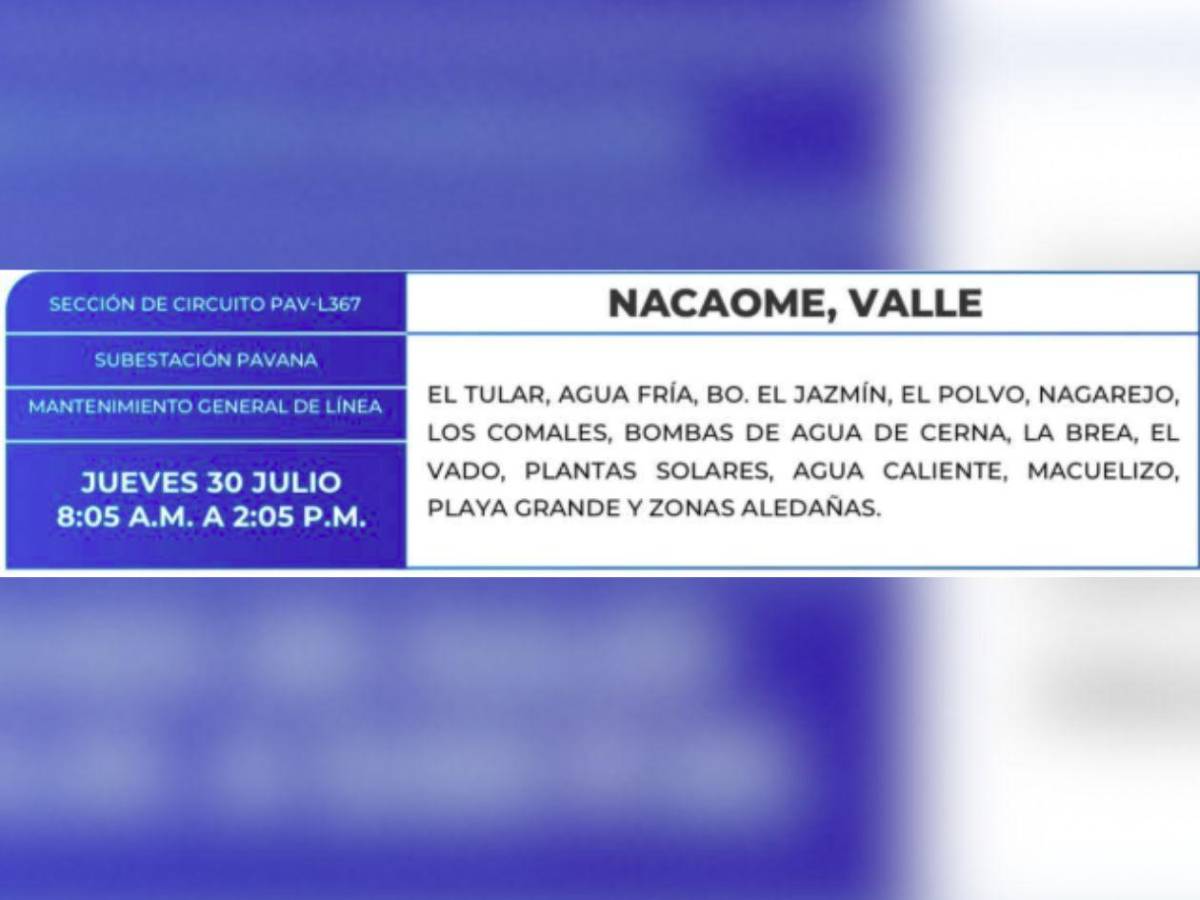 Más de 100 zonas de Honduras no tendrán energía este jueves 30 de julio