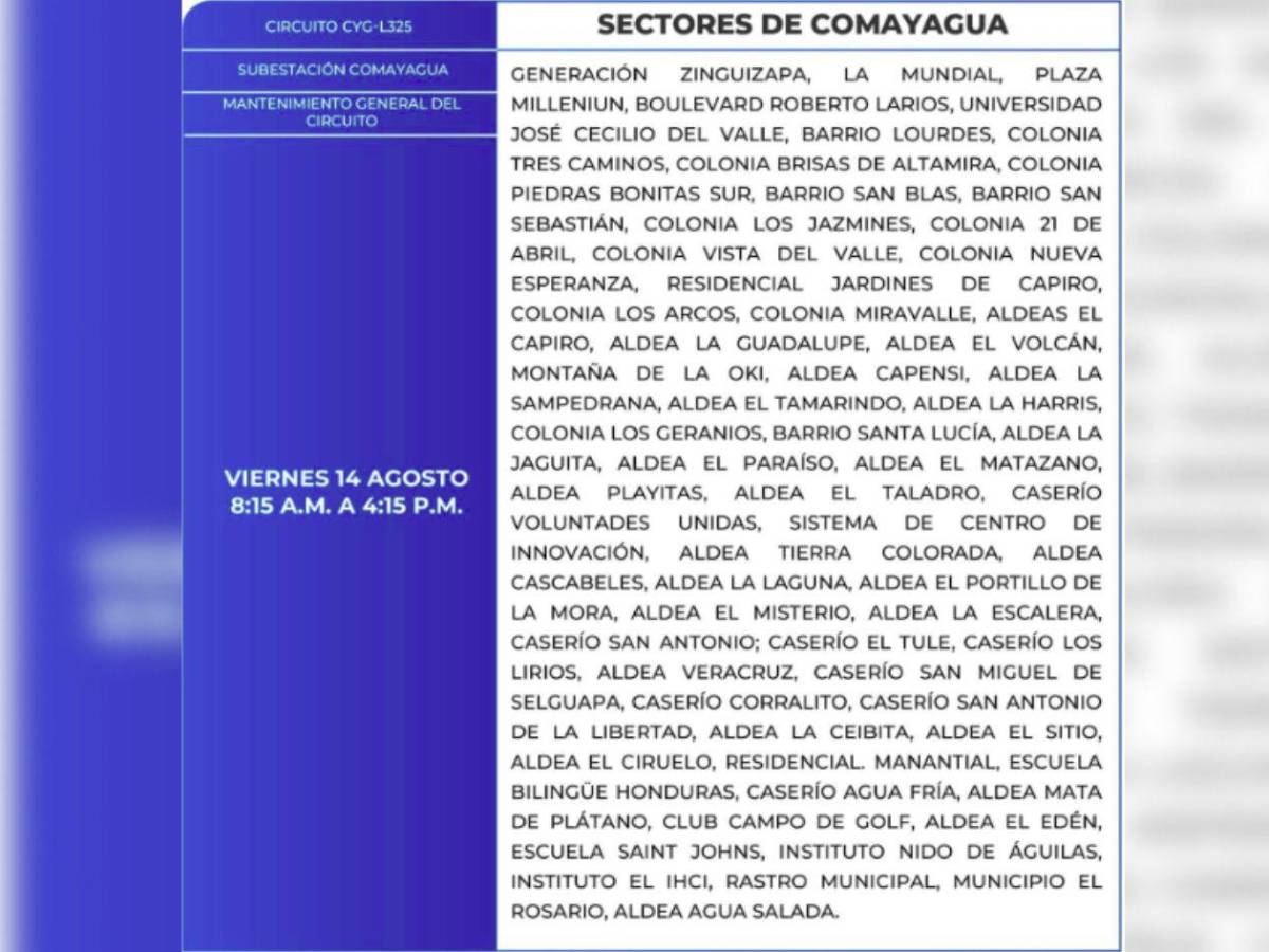 Ocho horas sin luz estarán estas zonas de Honduras este viernes 14 de agosto