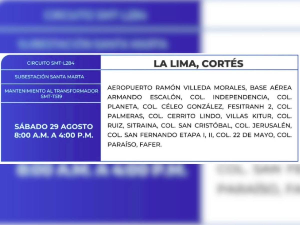 Estos barrios y colonias de Honduras no tendrán energía este sábado 29 de agosto