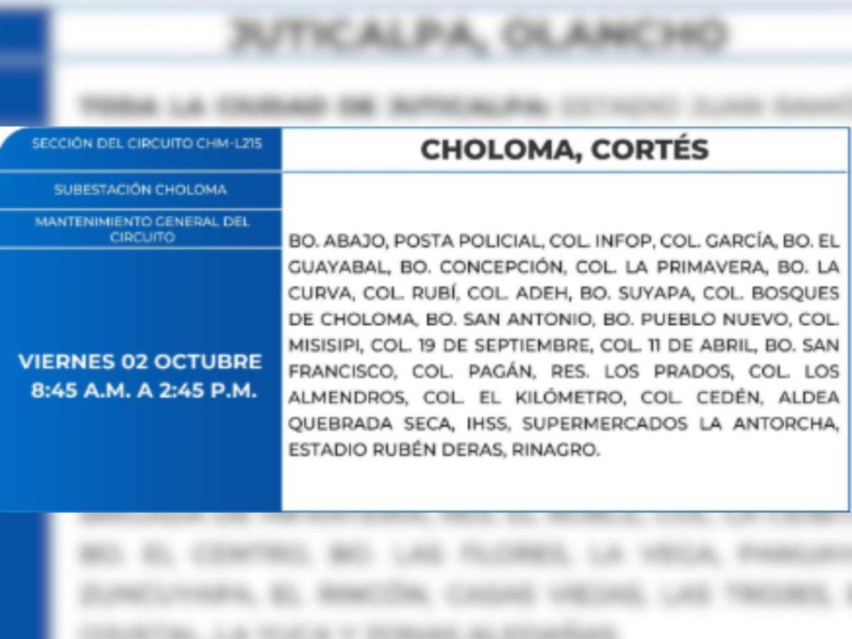 Ocho horas sin luz estarán estas zonas de Honduras este viernes 2 de octubre