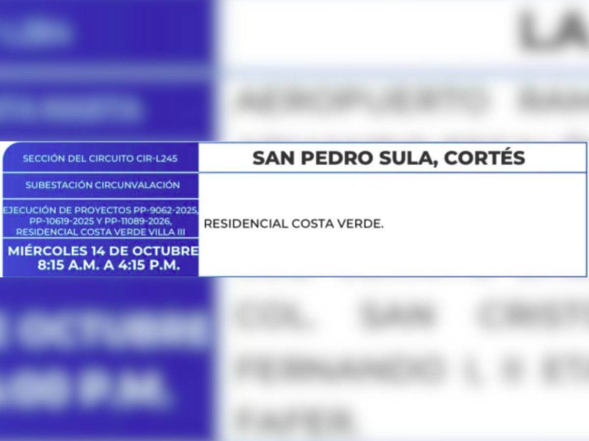 Ocho horas sin luz estarán estas zonas de Honduras este miércoles 14 de octubre