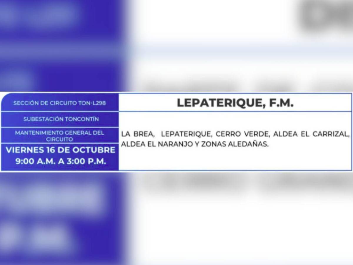 Ocho horas sin luz estarán estas zonas de Honduras este viernes 16 de octubre