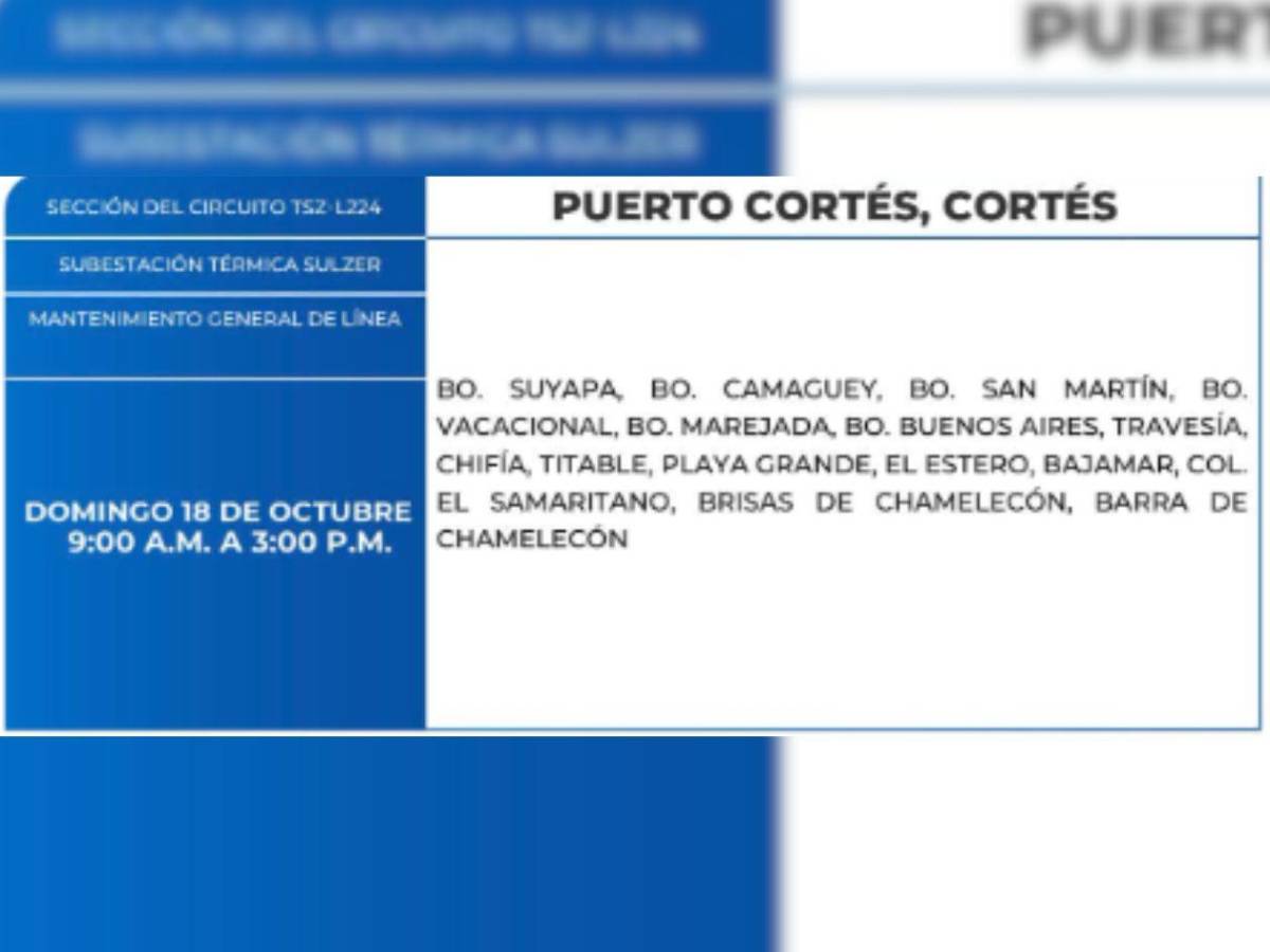 Ocho horas sin luz estarán estas zonas de Honduras este domingo 18 de octubre