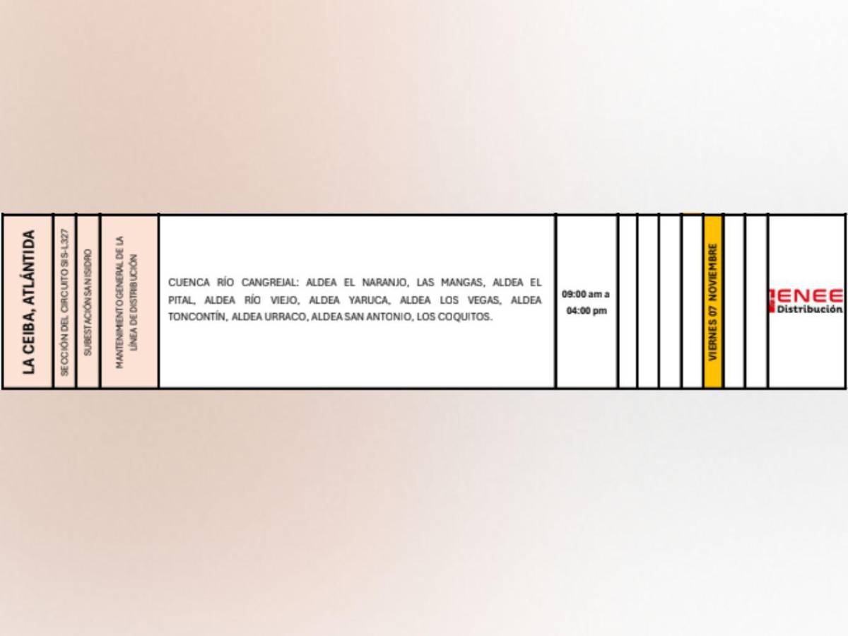 Ocho horas sin luz estarán estas zonas de Honduras este viernes siete de noviembre