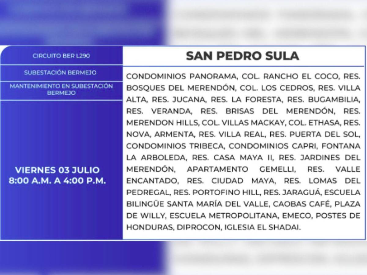 San Pedro Sula y otras ciudades de Honduras que no tendrán luz este viernes 3 de junio