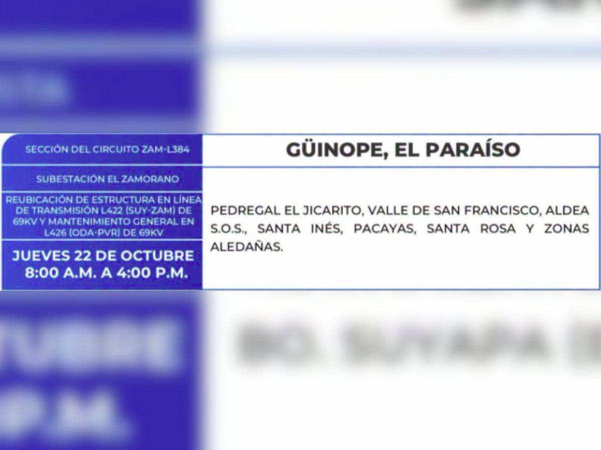 Extensos sitios de Honduras no tendrán energía este jueves 22 de octubre
