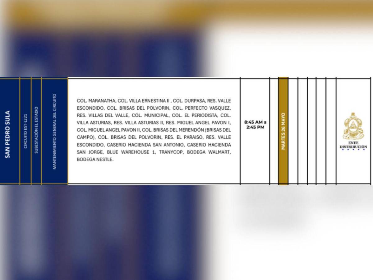 Lista de las zonas de Honduras que no tendrán luz este martes 26 de mayo