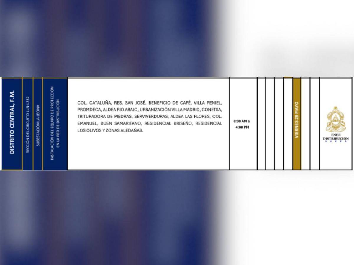 Estas zonas de Honduras no tendrán energía eléctrica este viernes 29 de mayo