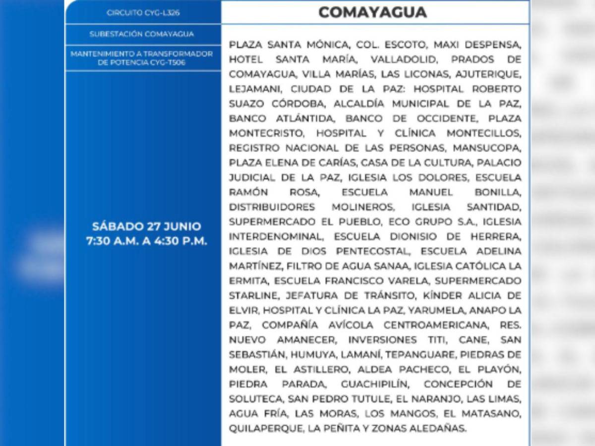 Nueve horas sin luz estarán estas zonas de Honduras este sábado 27 de junio