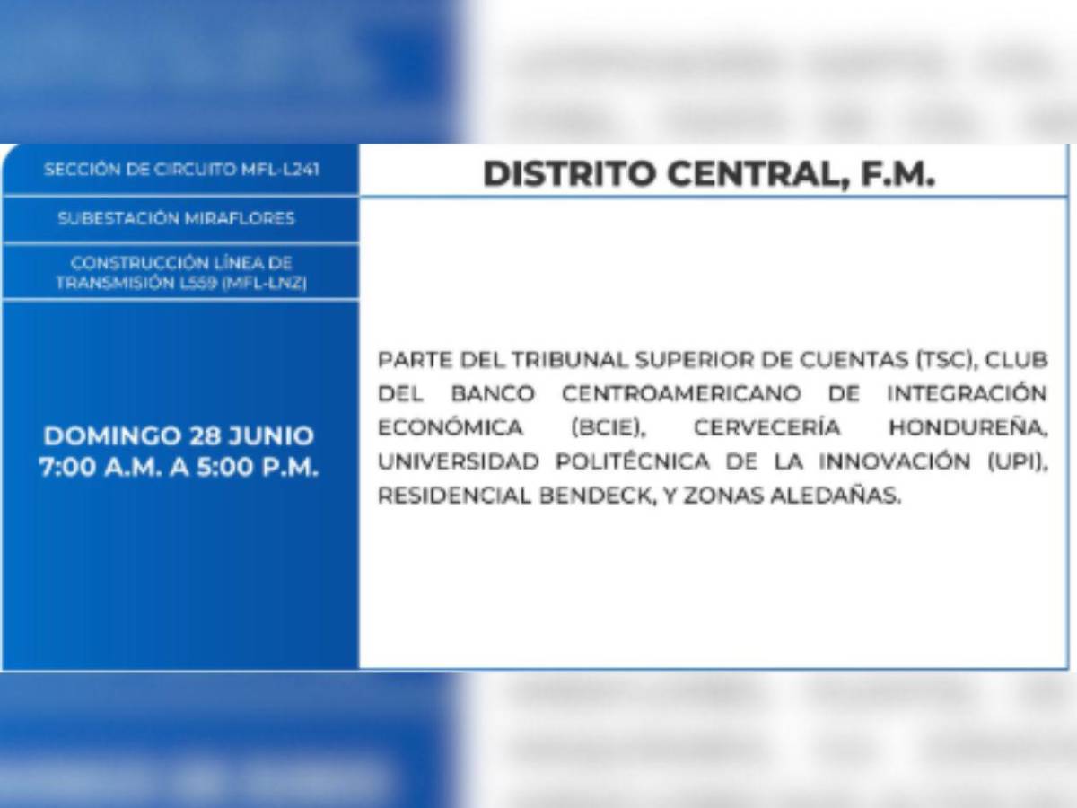 Diez horas sin luz estarán más de 30 ciudades de Honduras este domingo 28 de junio