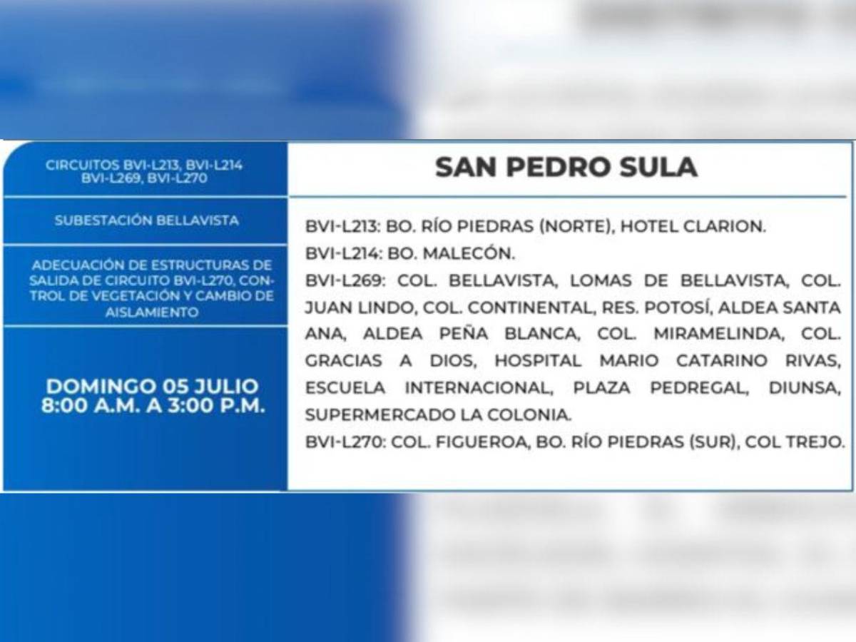 Ocho horas sin luz estarán varias zonas de SPS y el Distrito Central este domingo 5 de julio