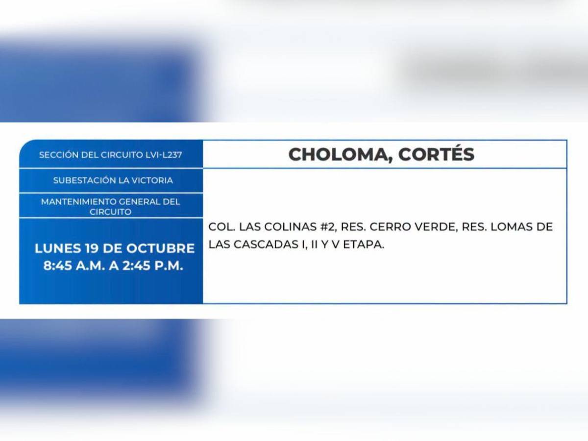 Zonas de Honduras que no tendrán energía este lunes 19 de octubre