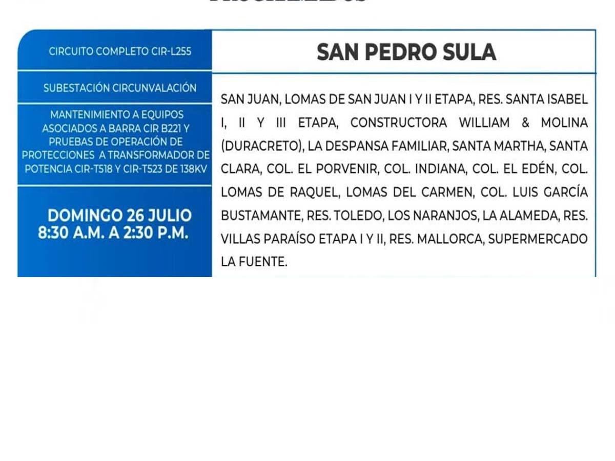 Cortes de energía en San Pedro Sula este fin de semana por mantenimiento