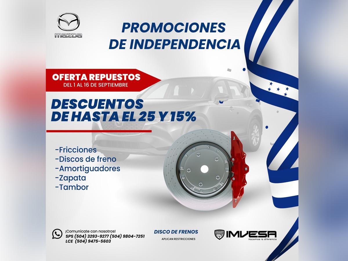 Promociones de Independencia en repuestos seleccionados de Fotón y Mazda.*<i>Haga clic en el botón rojo para ver la siguiente imagen.</i>