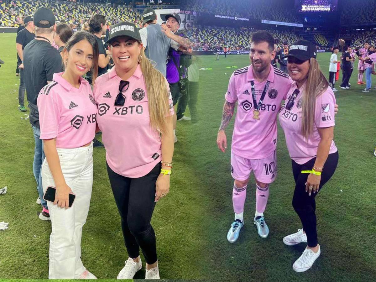 Doña Alba Ochoa junto a Antonela y Lionel Messi.