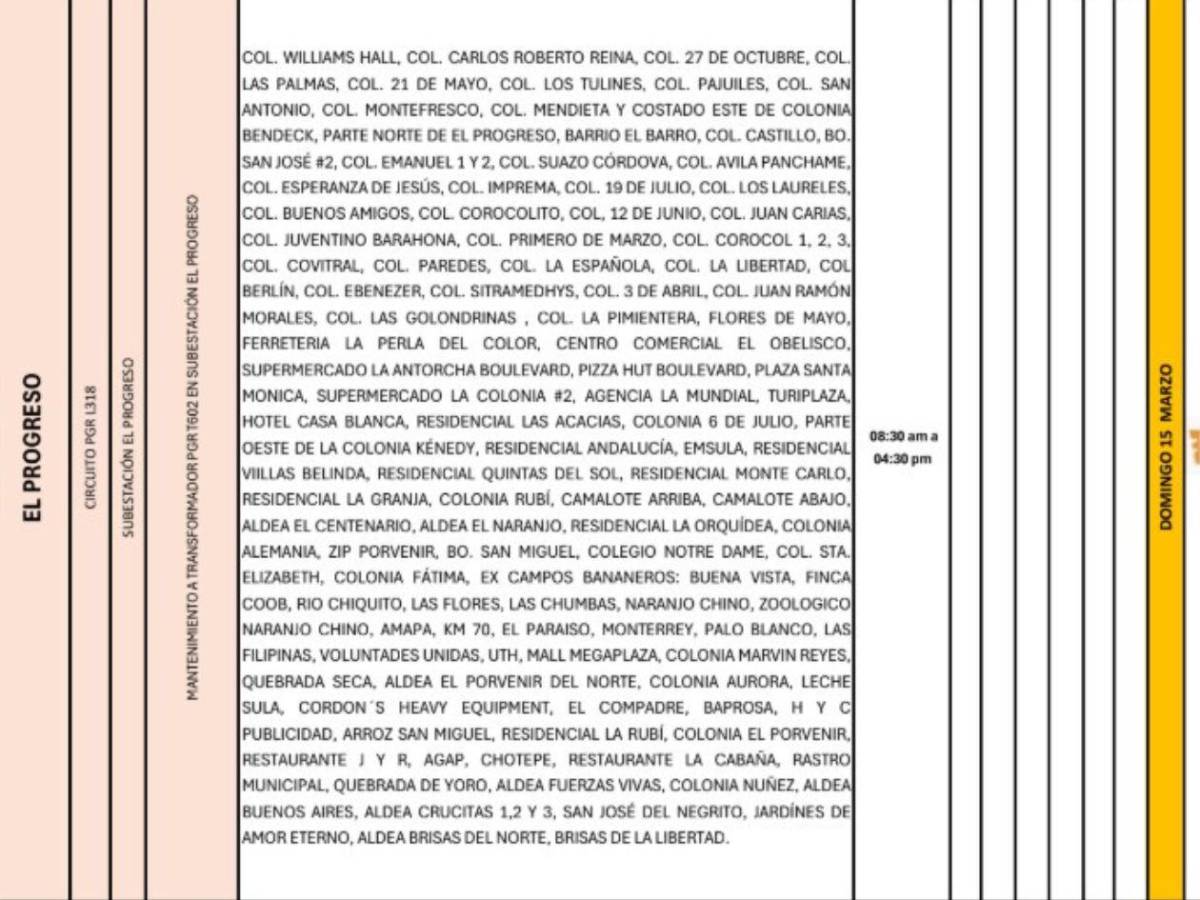 ¡Atención! Ocho horas sin luz en estos sectores de Honduras este domingo 15 de marzo