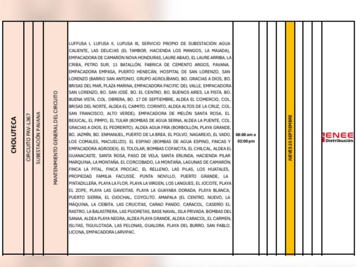 Estas zonas de Honduras no tendrán luz por ocho horas este jueves 25 de septiembre