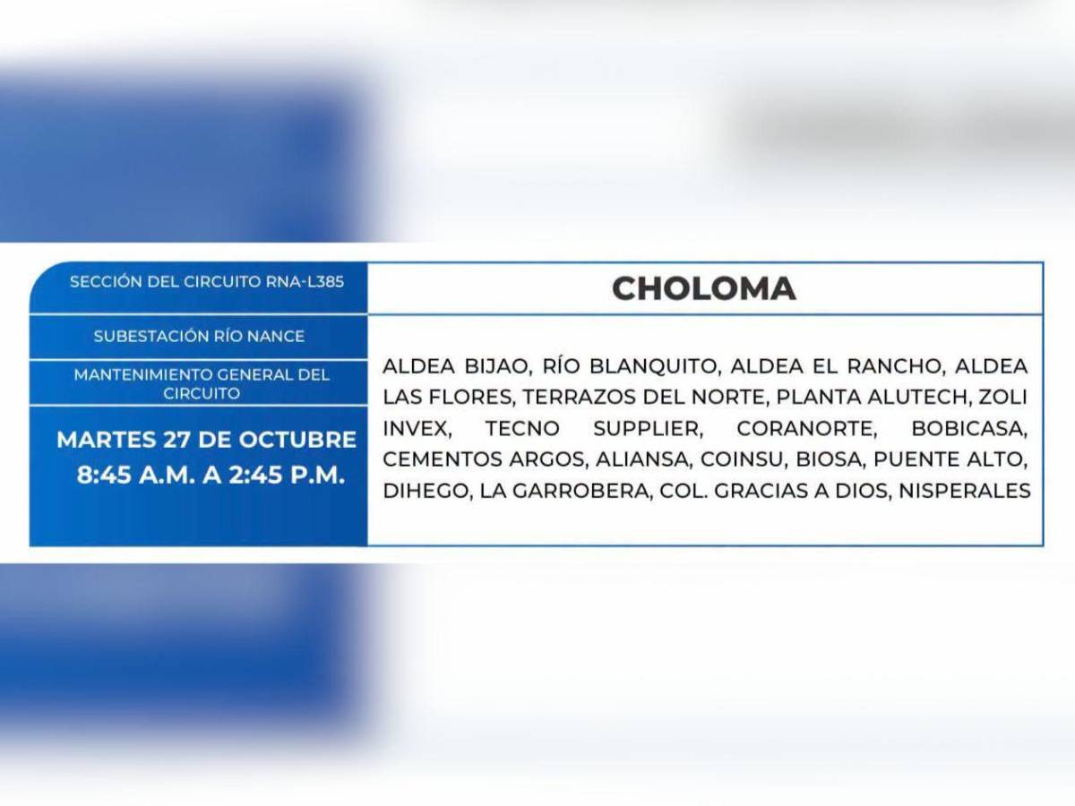 Zonas de Honduras que no tendrán energía eléctrica este martes 27 de octubre