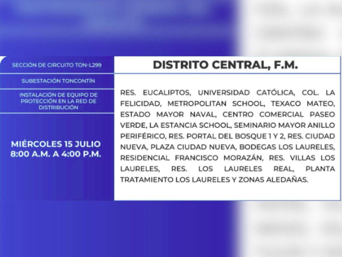 Más de 100 sectores de Honduras estarán sin energía  este miércoles 15 de julio