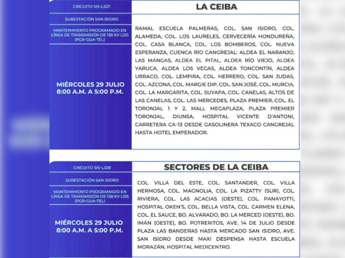Diez horas sin luz estarán estas zonas de Honduras este miércoles 29 de julio