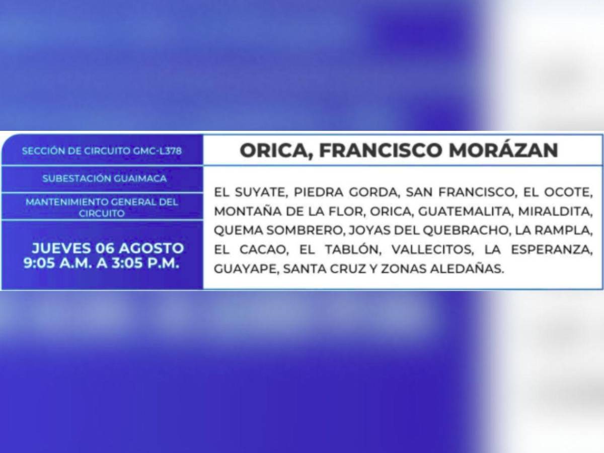Estas zonas de SPS, Tegucigalpa, Yoro y Olancho que no tendrán energía este jueves 6 de agosto