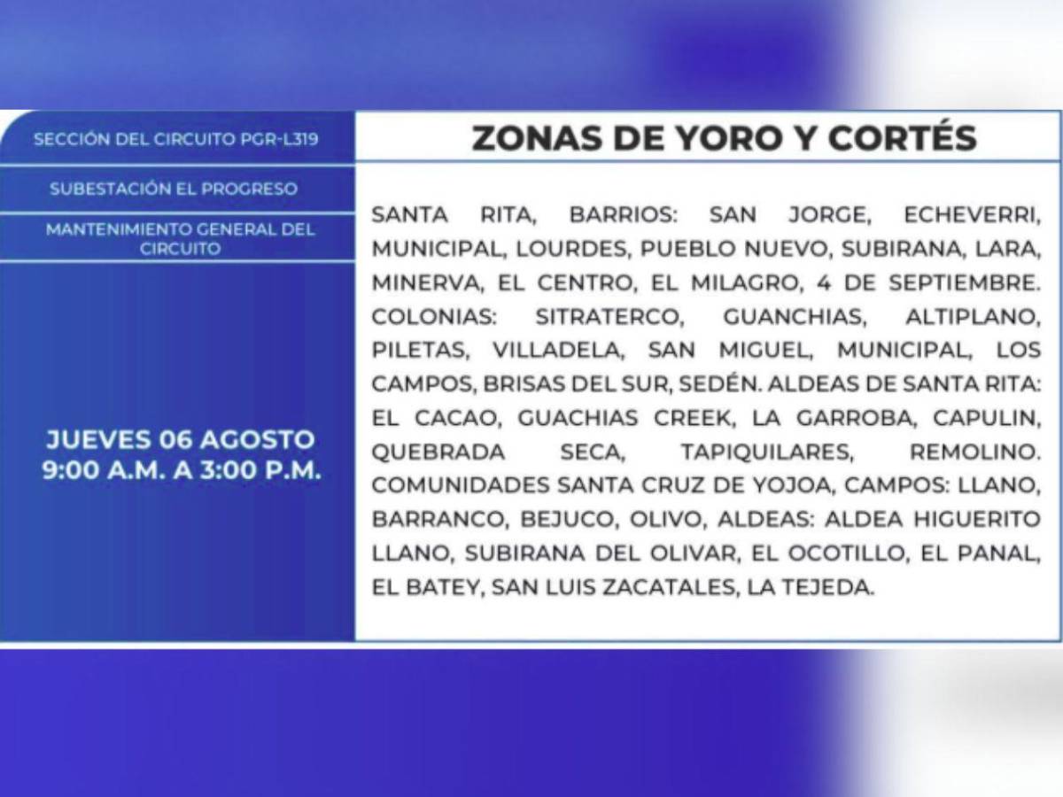 Estas zonas de SPS, Tegucigalpa, Yoro y Olancho que no tendrán energía este jueves 6 de agosto