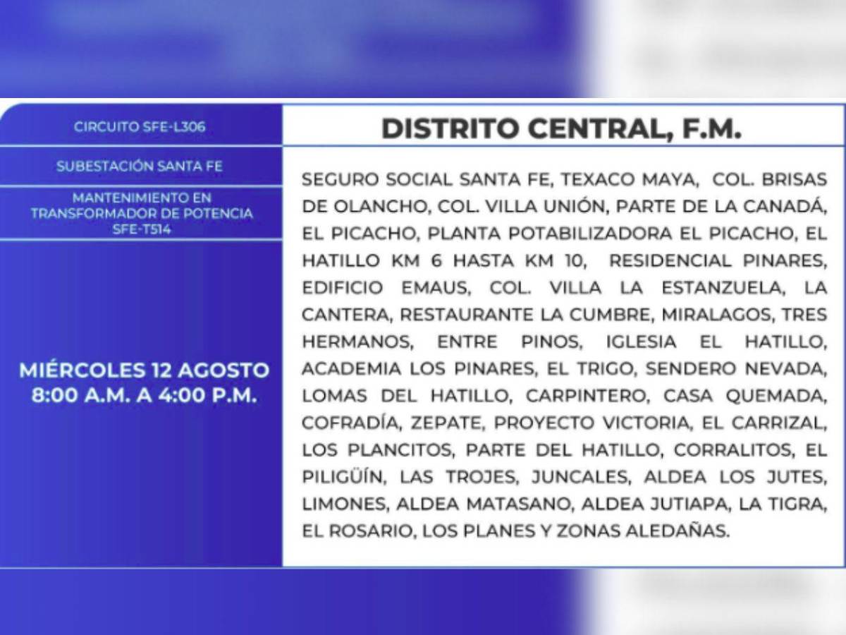 Más de 50 zonas de Honduras no tendrán luz por ocho horas este miércoles 12 de agosto