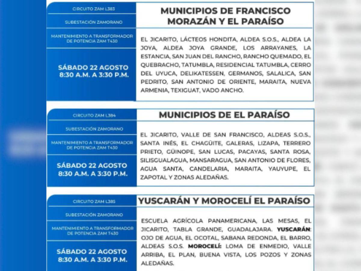 Ocho horas sin luz estarán estos barrios y colonias de Honduras este sábado 22 de agosto