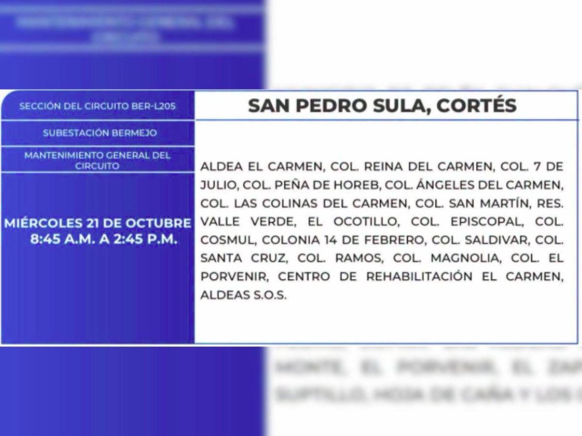 Amplias zonas de Honduras no tendrán energía este miércoles 21 de octubre