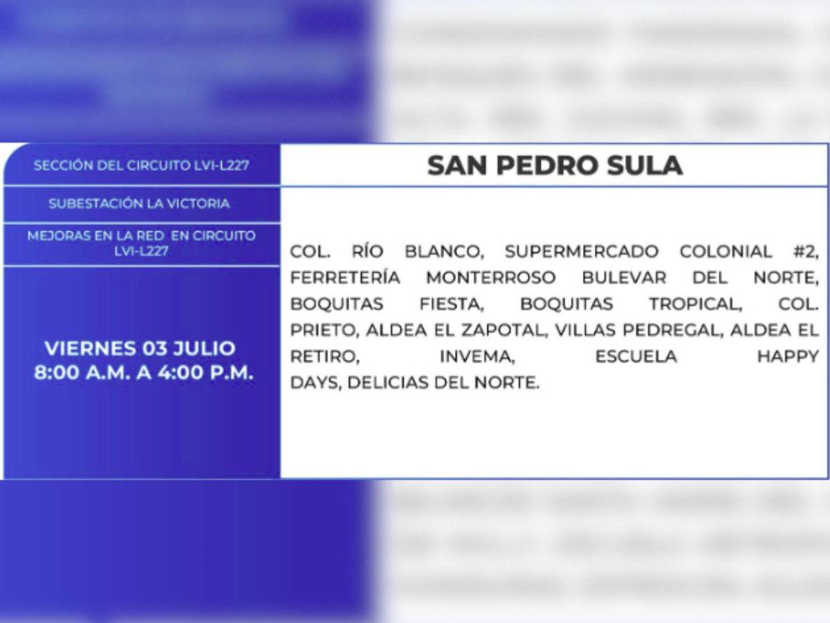 San Pedro Sula y otras ciudades de Honduras que no tendrán luz este viernes 3 de junio