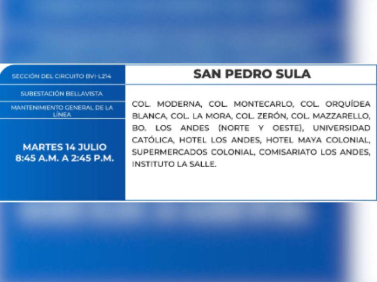 Ocho horas sin luz estarán estas zonas de Honduras este martes 14 de julio