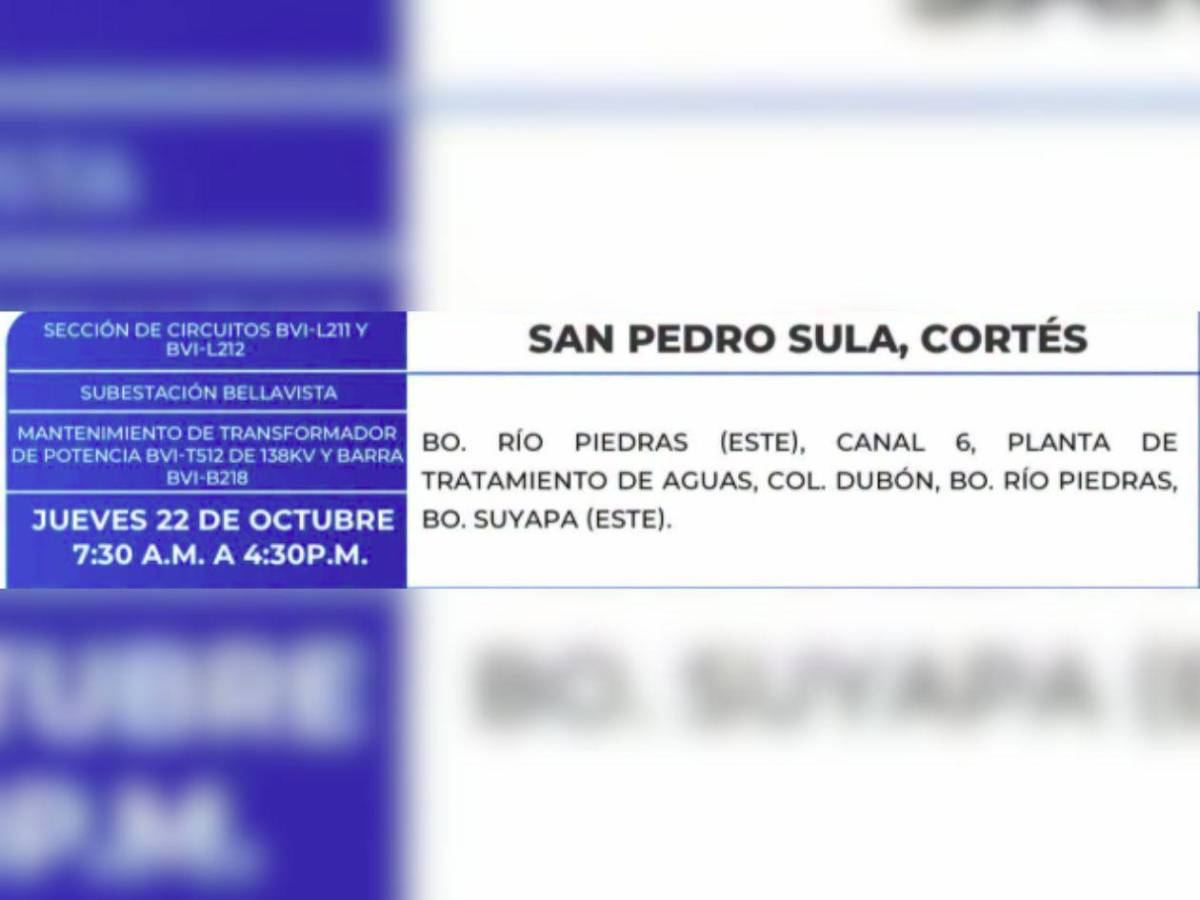 Extensos sitios de Honduras no tendrán energía este jueves 22 de octubre