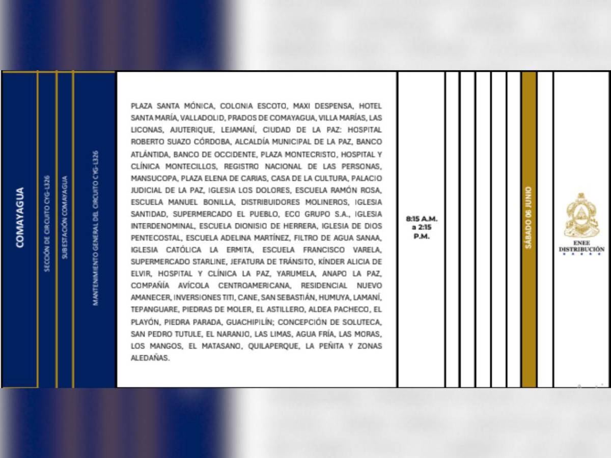 Sábado sin luz: Estas zonas de Honduras no contarán con el servicio este 6 de junio