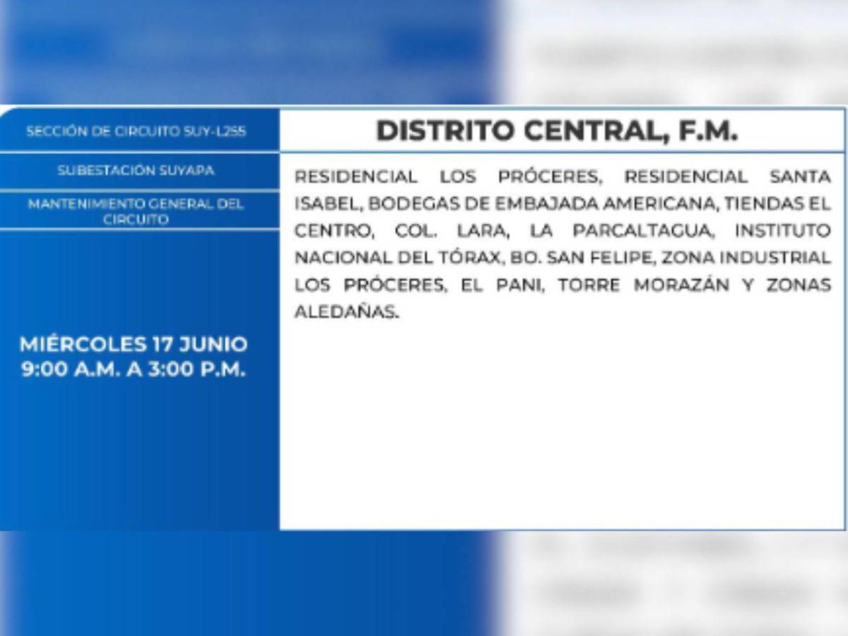 Estas zonas de Honduras no tendrán luz este miércoles 17 de junio