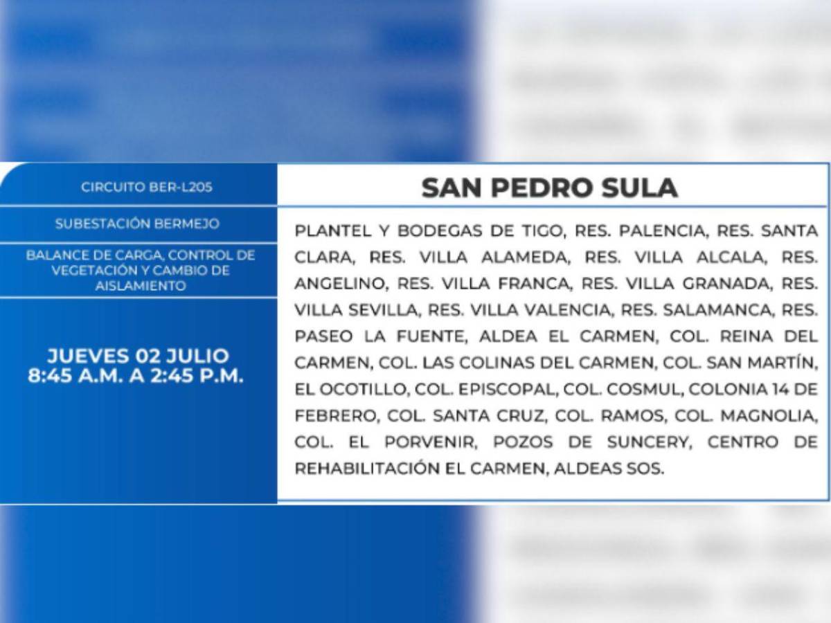 Más de 100 zonas de Honduras no tendrán luz este jueves 2 de julio