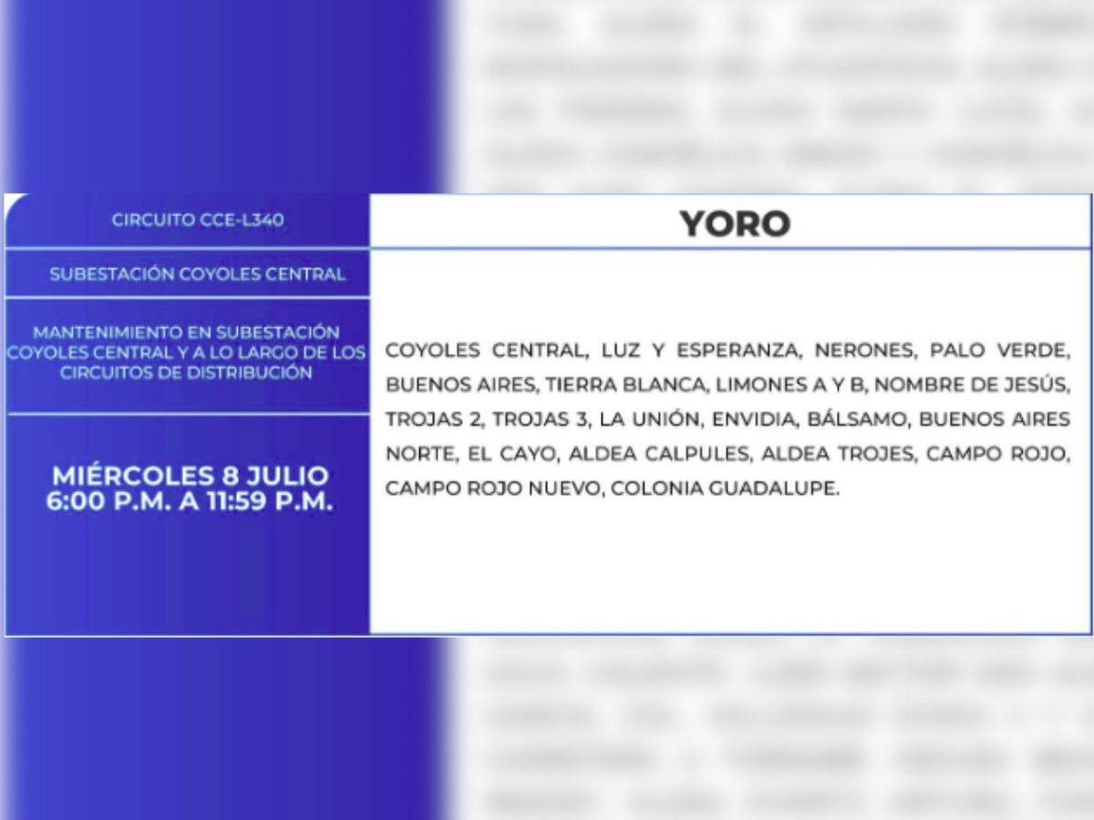 Más de 50 sitios de Honduras estarán sin energía eléctrica este miércoles 8 de julio