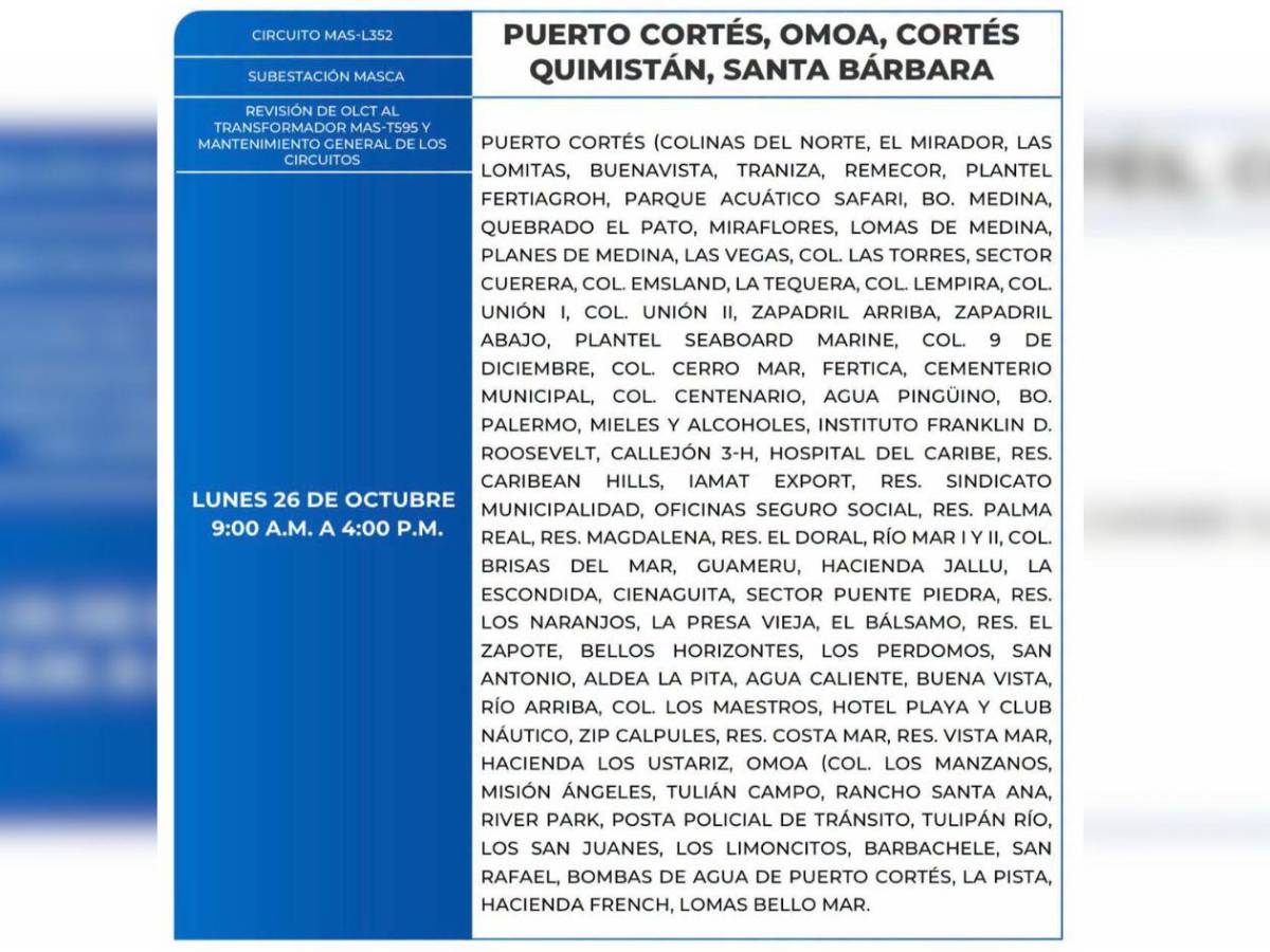 Varios sectores de Honduras estarán sin electricidad este lunes 26 de octubre