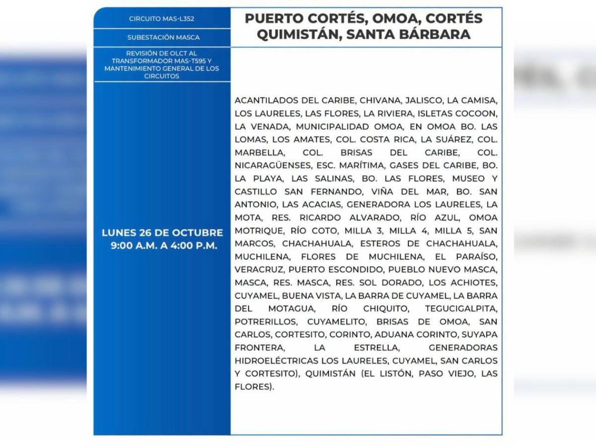 Varios sectores de Honduras estarán sin electricidad este lunes 26 de octubre
