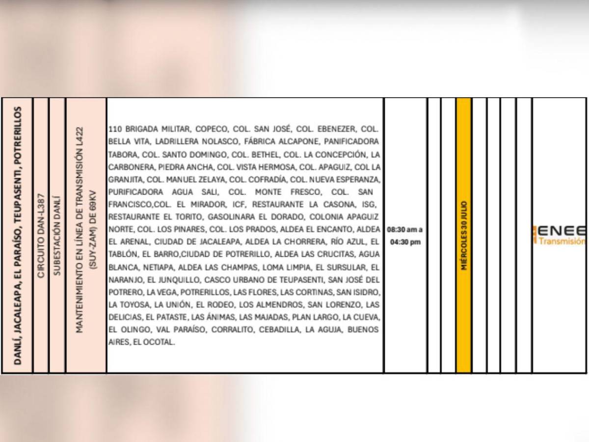 Ocho horas sin luz estarán estas zonas de Honduras este miércoles 30 de julio