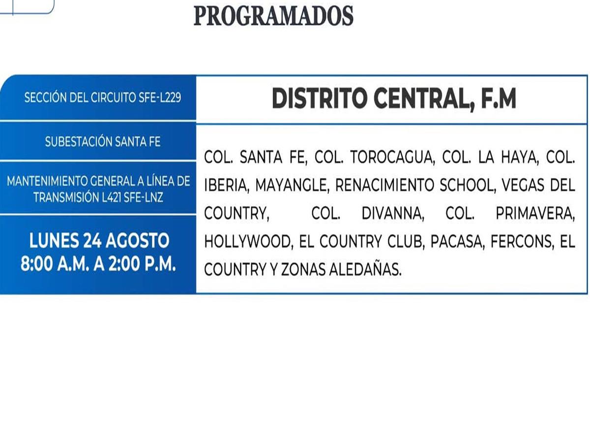 Cortes de energía este lunes 24 de agosto en el Distrito Central y La Lima, Cortés
