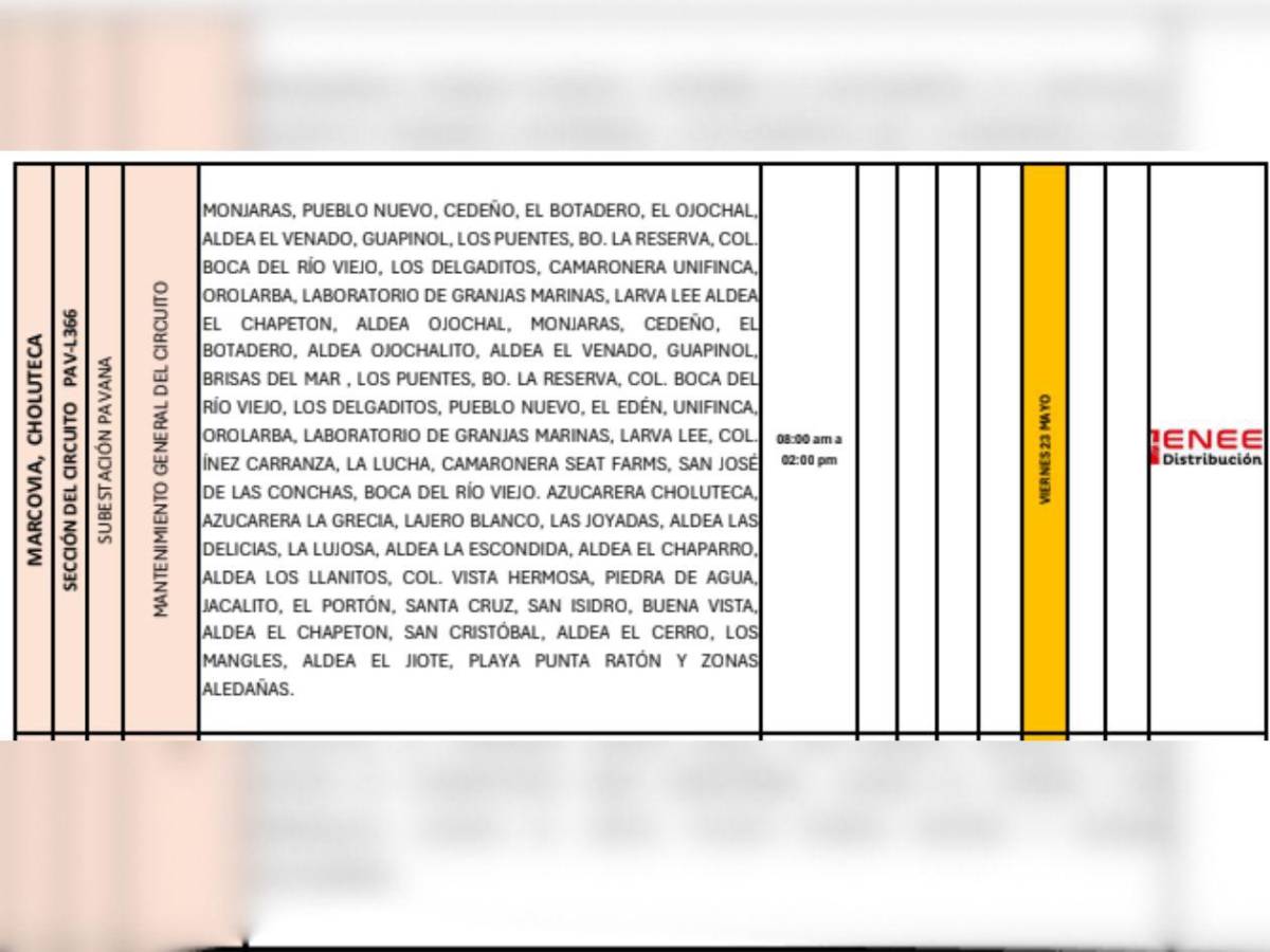 Apagones de hasta ocho horas este viernes 23 mayo en Honduras